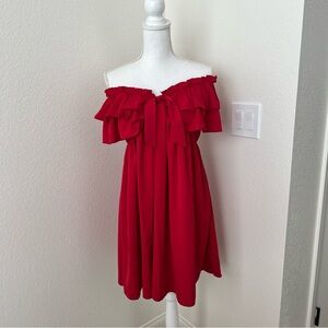 Off The Shoulder Frill Knot Front Tiered Layer Dress, Red Dress, Summer Dress